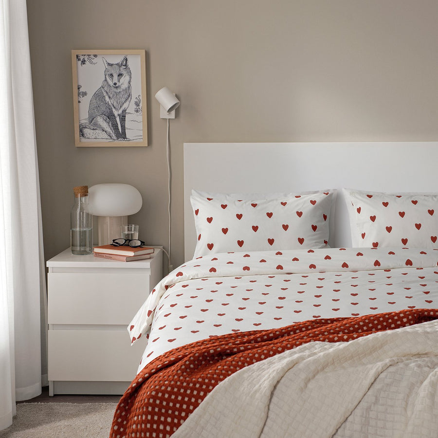 BJÖRNBÄRBUSKE duvet cover and 2 pillowcases, heart pattern white/red, 240x220/50x80 cm