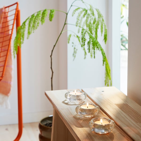 BLADFÅGEL tealight holder, clear glass, 3 cm