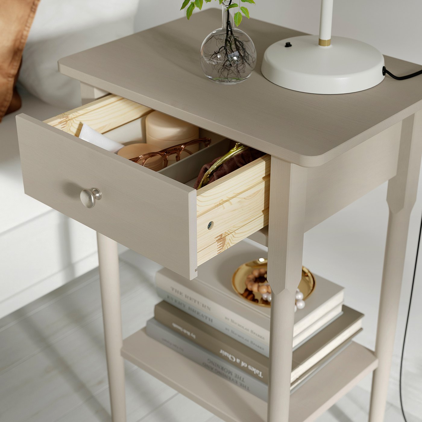 BLÄSTÅSEN bedside table, grey-beige, 29x10x27 cm