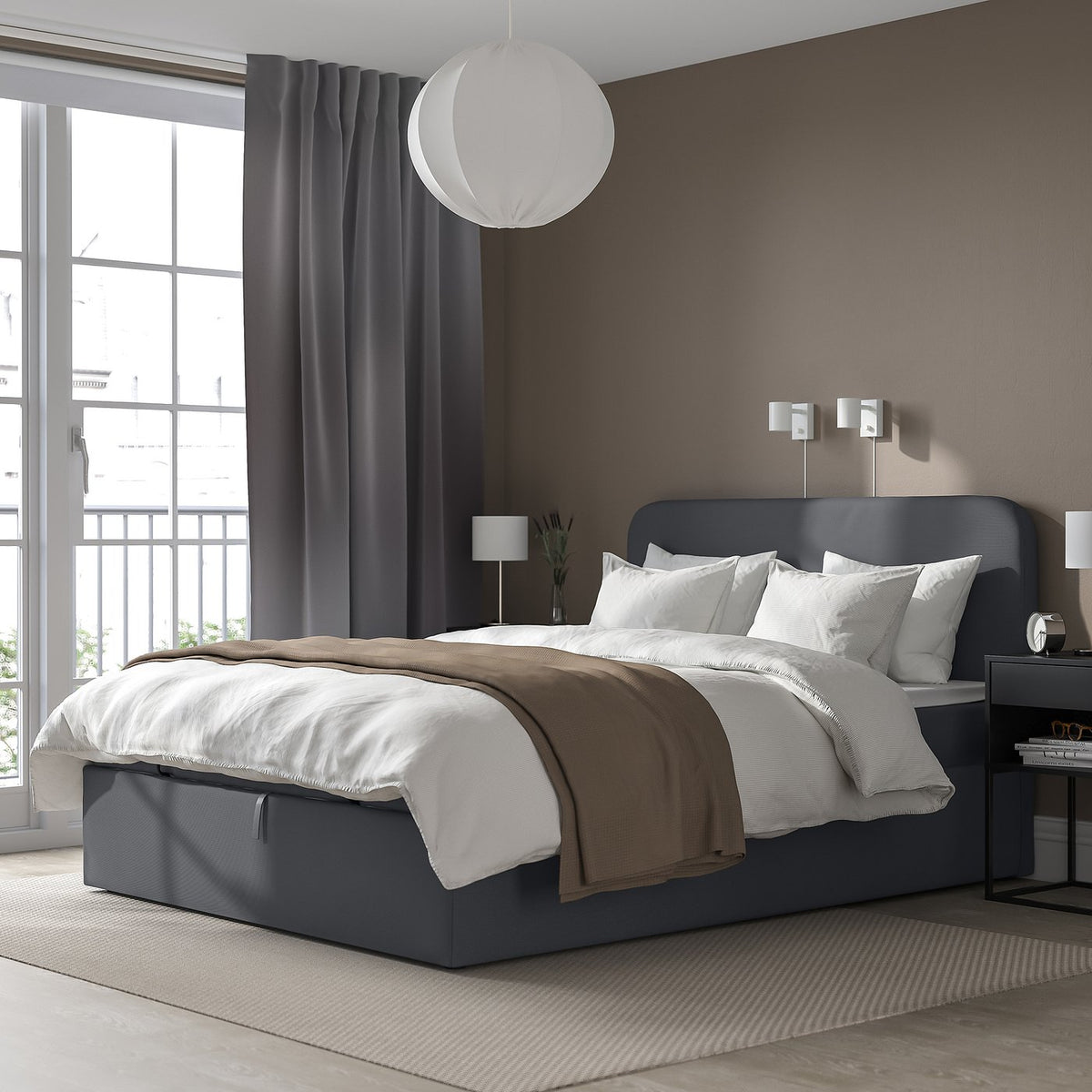 BLÅFJÄLLET frame set for ottoman divan bed, incl headboard, legs and cover Kabusa/dark grey, 160x200 cm