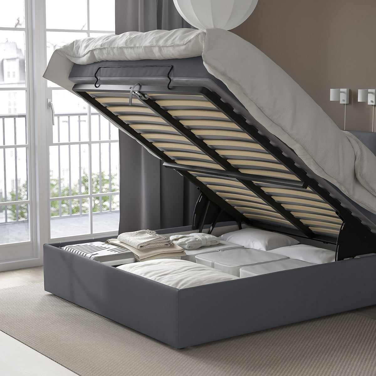 BLÅFJÄLLET frame set for ottoman divan bed, incl headboard, legs and cover Kabusa/dark grey, 160x200 cm