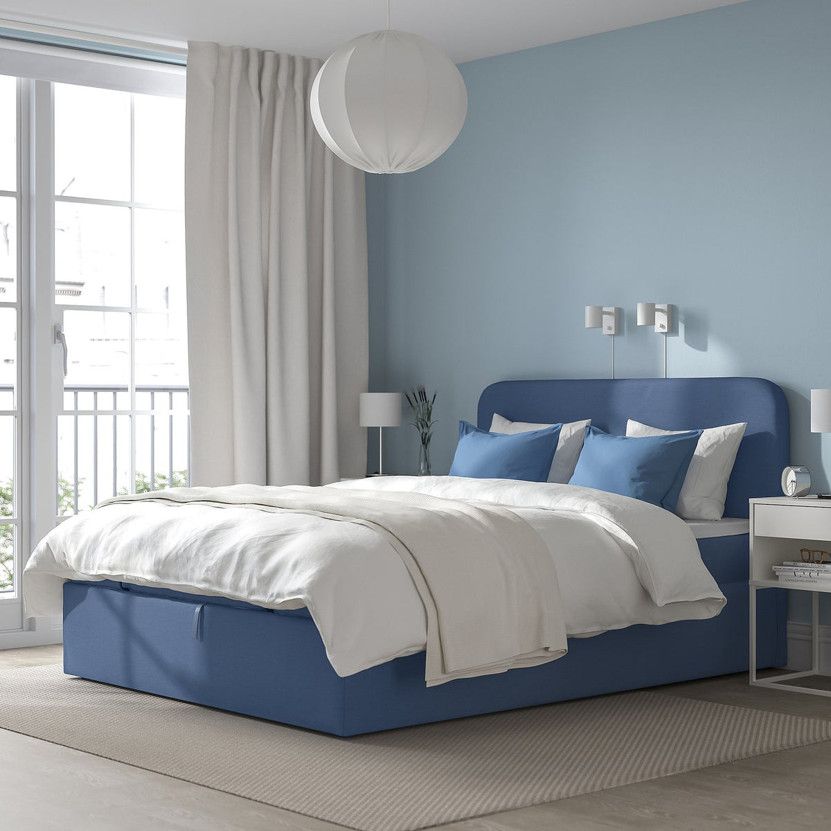 BLÅFJÄLLET frame set for ottoman divan bed, incl headboard, legs and cover Vissle/blue, 160x200 cm