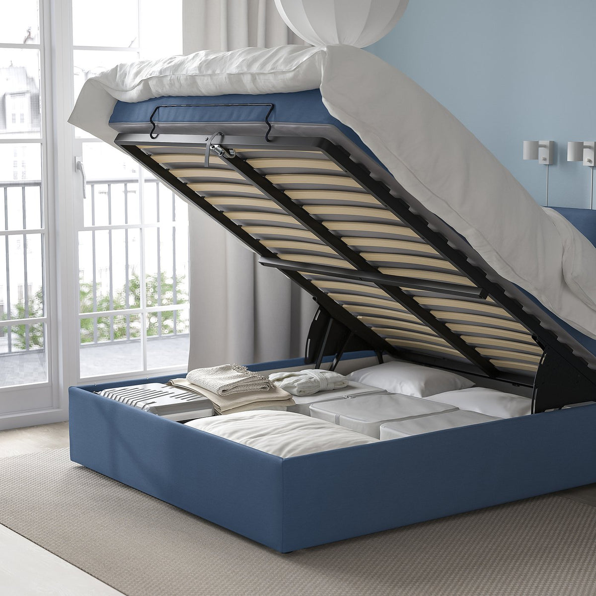 BLÅFJÄLLET frame set for ottoman divan bed, incl headboard, legs and cover Vissle/blue, 160x200 cm