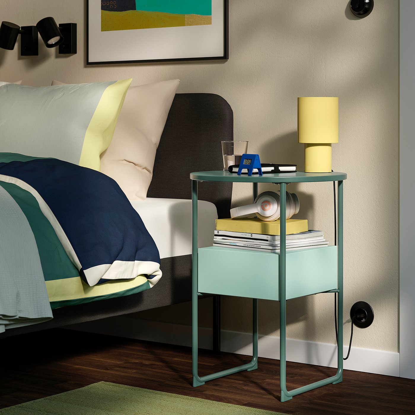 BLANKHÄLLAN bedside table, green/turquoise, 45 cm