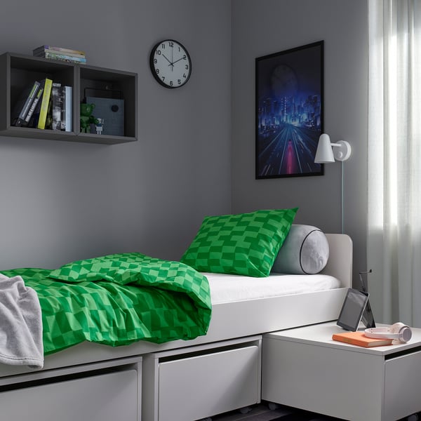BLÅSKATA duvet cover and pillowcase, green/patterned, 150x200/50x80 cm