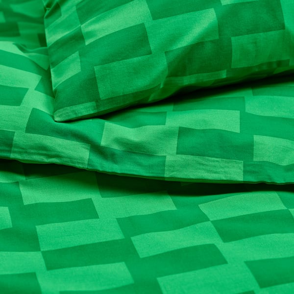 BLÅSKATA duvet cover and pillowcase, green/patterned, 150x200/50x80 cm