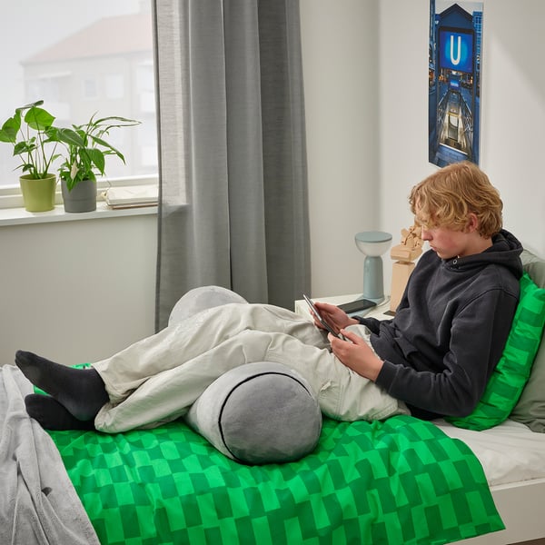 BLÅSKATA duvet cover and pillowcase, green/patterned, 150x200/50x80 cm