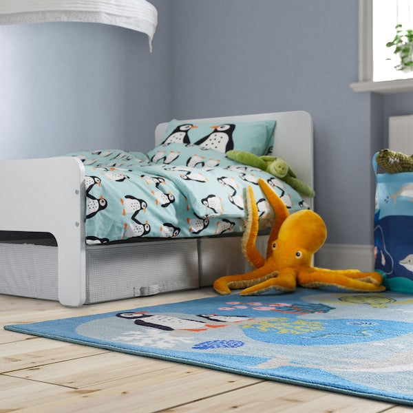 BLÅVINGAD - Duvet cover and pillowcase, penguin pattern/light turquoise, 150x200/50x80 cm