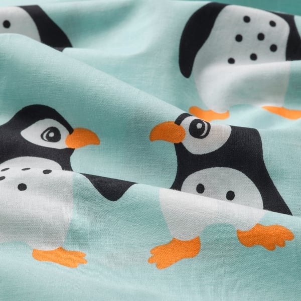 BLÅVINGAD duvet cover and pillowcase, penguin pattern/light turquoise, 150x200/50x80 cm