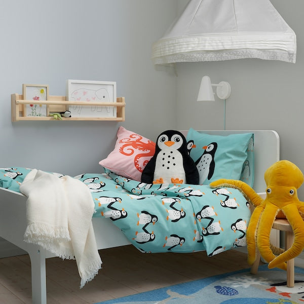 BLÅVINGAD - Duvet cover and pillowcase, penguin pattern/light turquoise, 150x200/50x80 cm