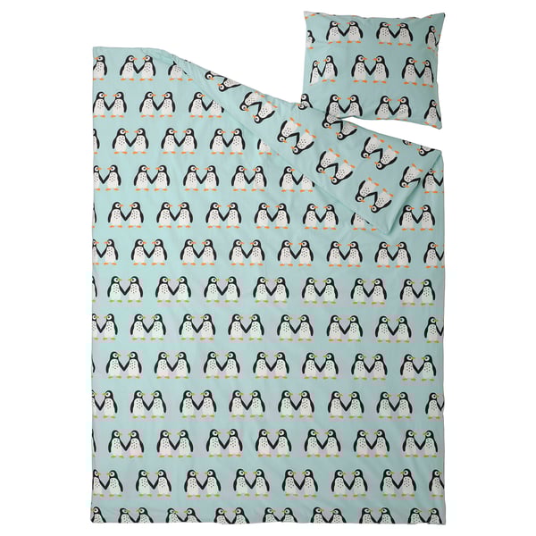 BLÅVINGAD - BLÅVINGAD Duvet cover and pillowcase, penguin pattern/light turquoise, 150x200/50x80 cm