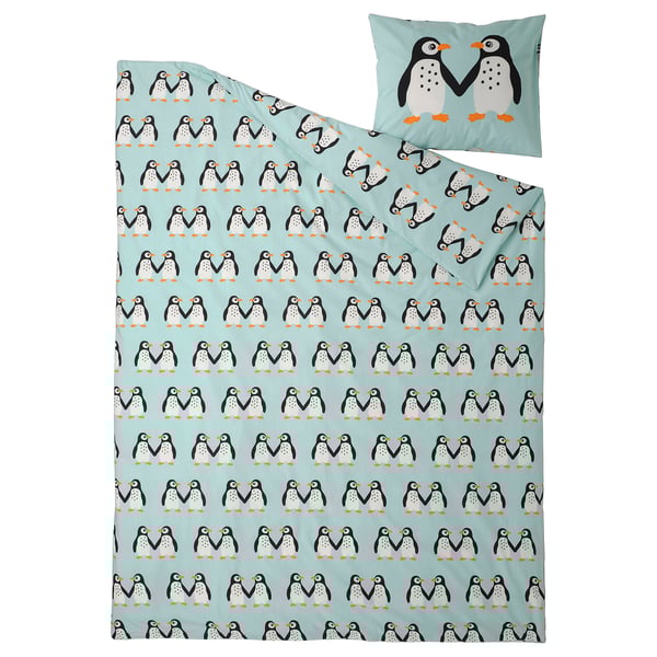 BLÅVINGAD duvet cover and pillowcase, penguin pattern/light turquoise, 150x200/50x80 cm