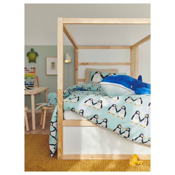 BLÅVINGAD - BLÅVINGAD Duvet cover and pillowcase, penguin pattern/light turquoise, 150x200/50x80 cm