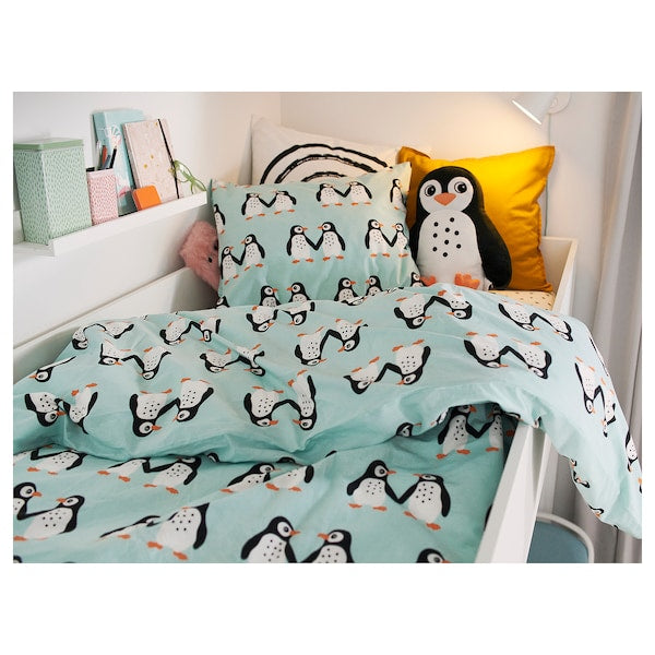 BLÅVINGAD - Duvet cover and pillowcase, penguin pattern/light turquoise, 150x200/50x80 cm