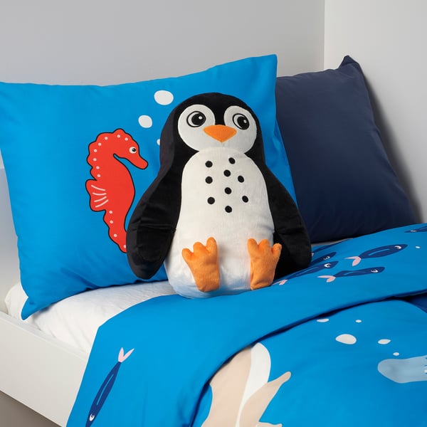 BLÅVINGAD cushion, penguin-shaped black/white, 40x32 cm