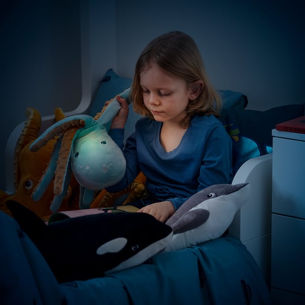 BLÅVINGAD soft toy with LED night light, turquoise octopus/battery-operated, 50x50 cm