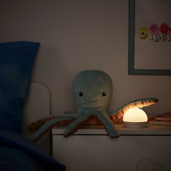 BLÅVINGAD - Soft toy with LED night light, turquoise octopus/battery-operated