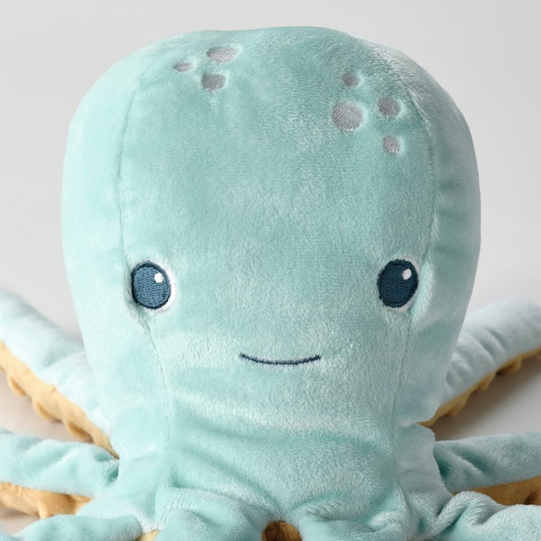 BLÅVINGAD - Soft toy with LED night light, turquoise octopus/battery-operated