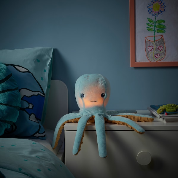 BLÅVINGAD - Soft toy with LED night light, turquoise octopus/battery-operated