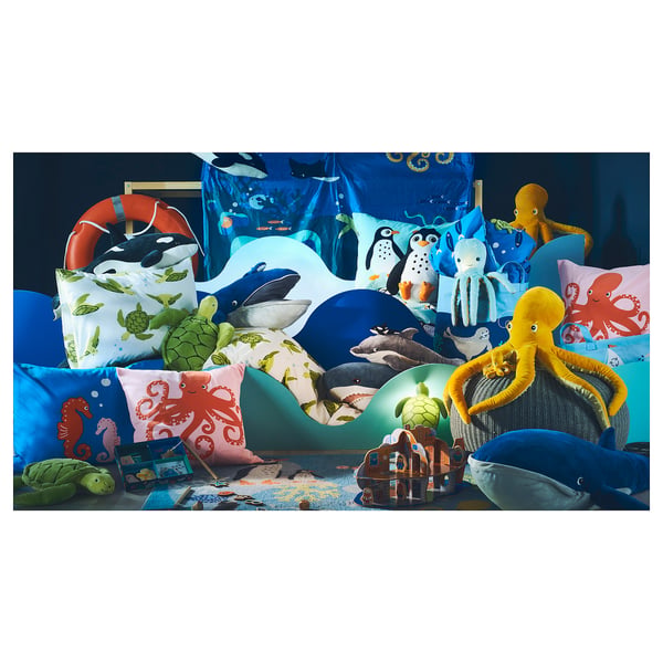 BLÅVINGAD soft toy with LED night light, turquoise octopus/battery-operated, 50x50 cm