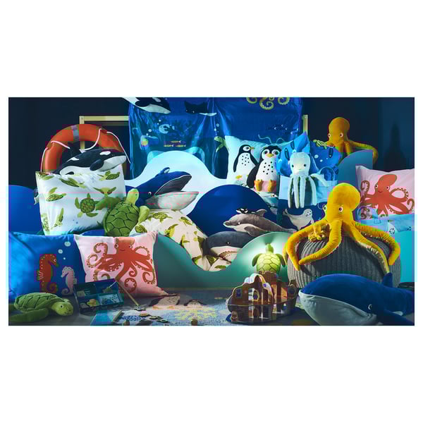 BLÅVINGAD soft toy with LED night light, turquoise octopus/battery-operated, 50x50 cm