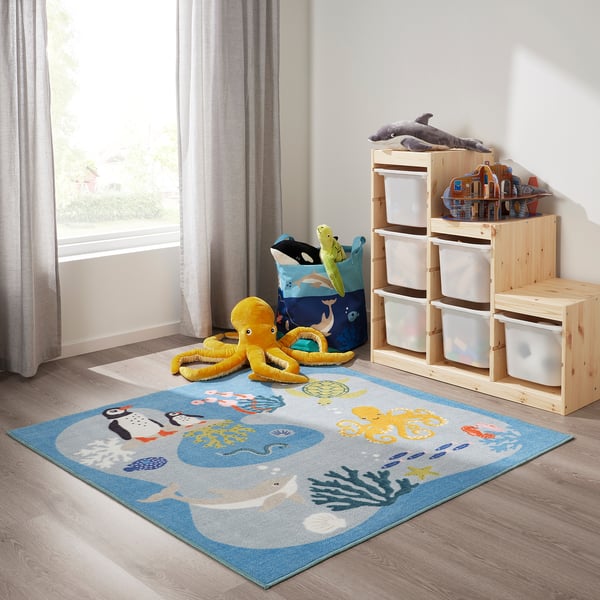 BLÅVINGAD - Rug, ocean animals pattern/multicolour, 133x133 cm