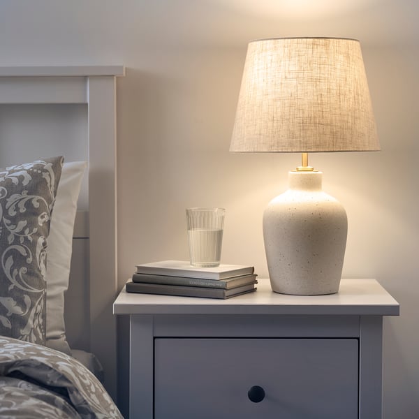 BLIDVÄDER table lamp, off-white ceramic/beige, 50 cm