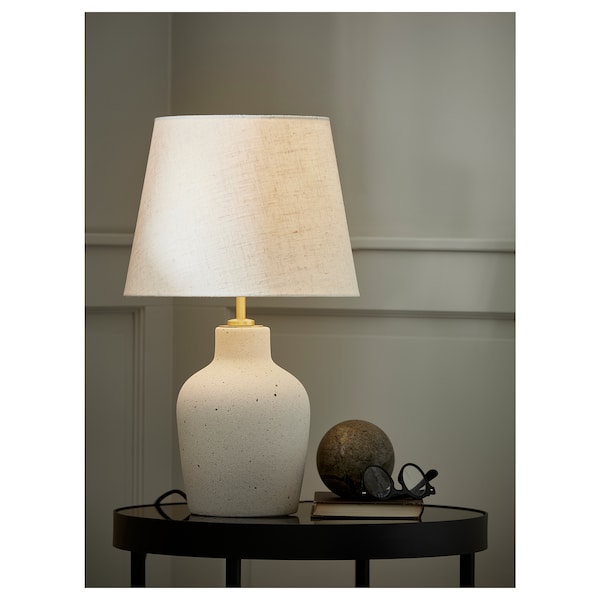 BLIDVÄDER - Table lamp, off-white ceramic / beige,50 cm