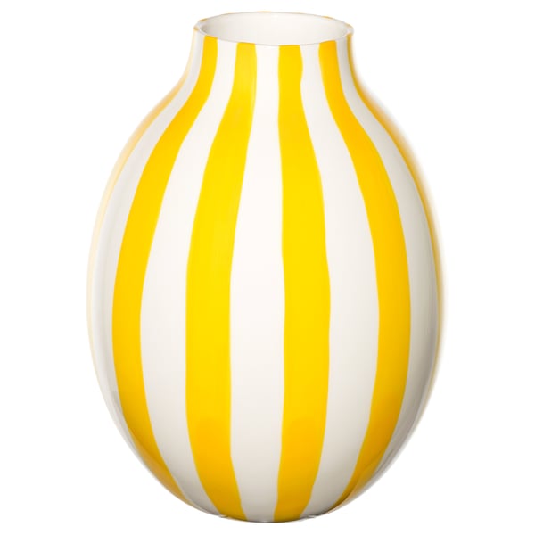 BLODBJÖRK - Vase, striped white/yellow,25 cm