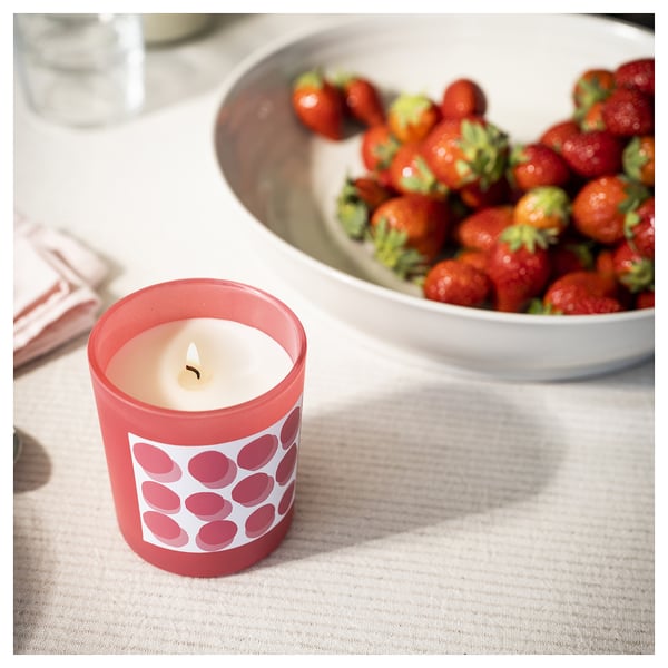 BLODBOK - BLODBOK Scented candle in glass, Strawberry/bright pink, 45 hr