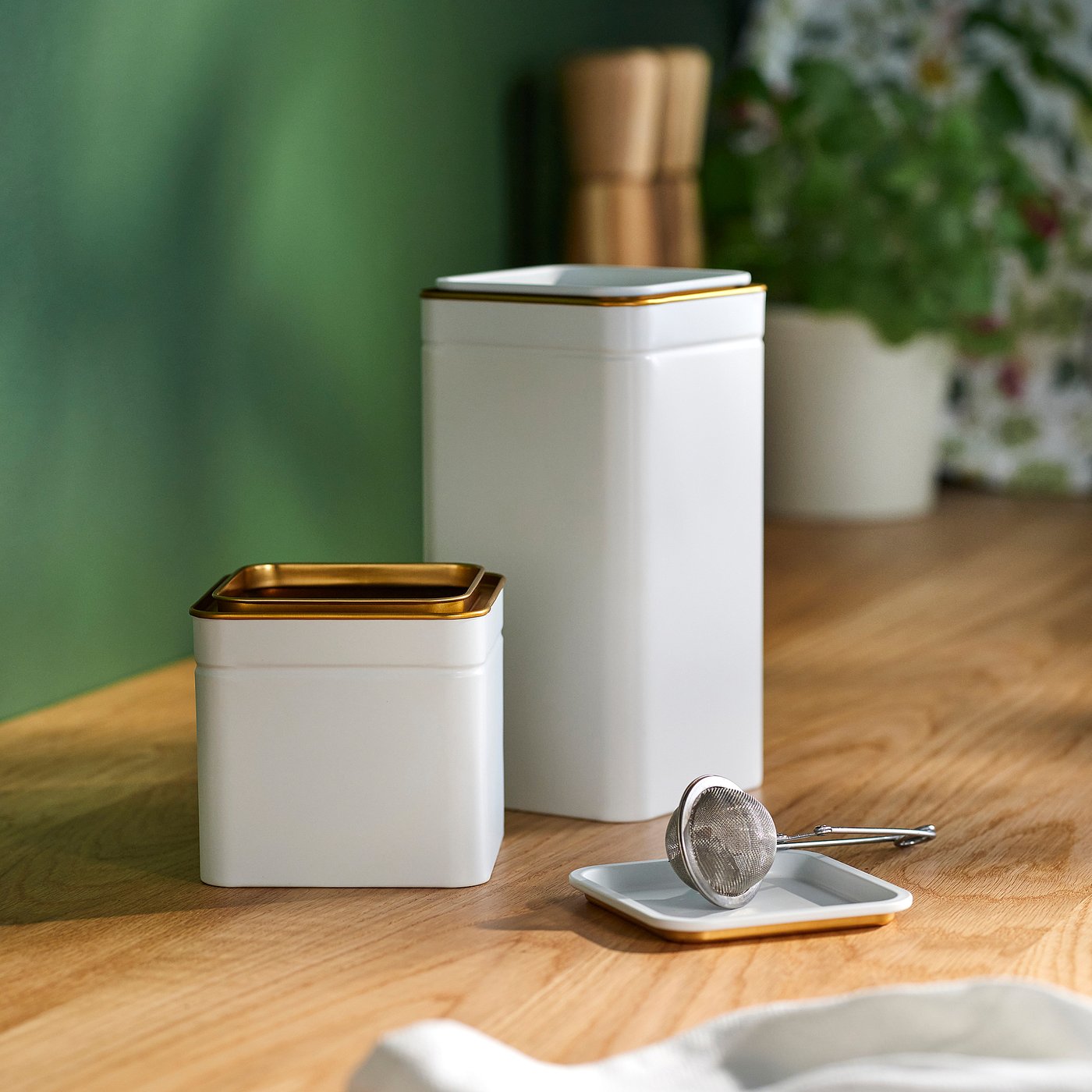 BLOMNING tin with lid, off-white/for coffee/tea, 10x10x20 cm