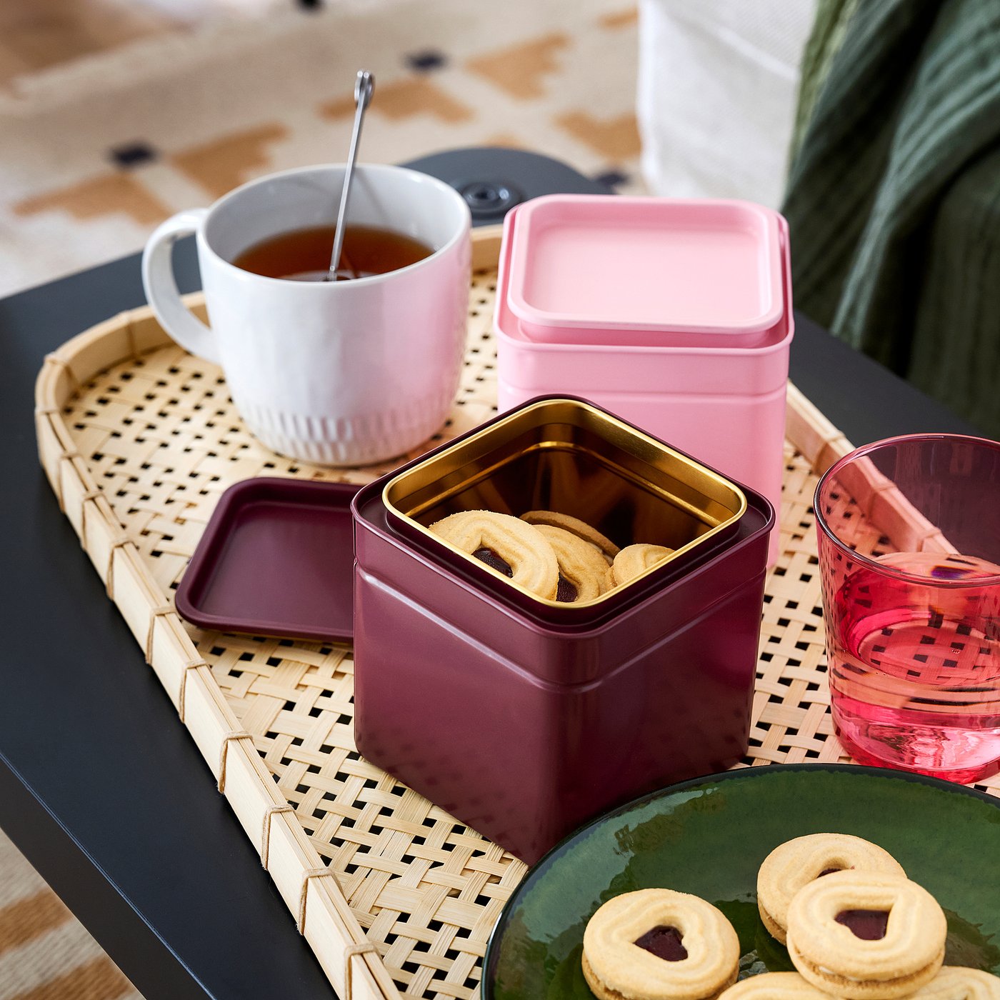 BLOMNING tin with lid, brown-red/pink for coffee/tea, 10x10x10 cm, 2 pack