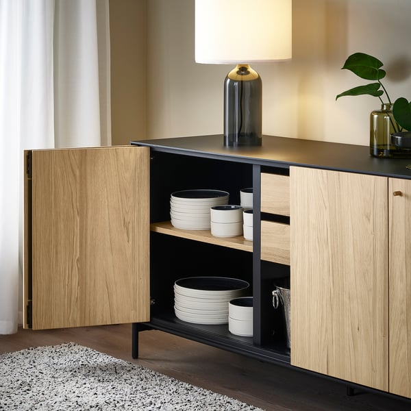 BOASTAD storage combination, black/oak veneer, 203x185 cm