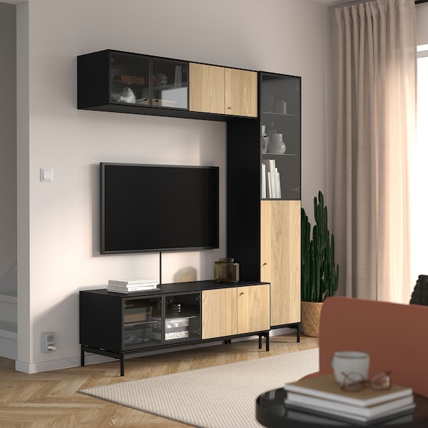 BOASTAD - TV storage combination, black/oak veneer, 163x42x185 cm