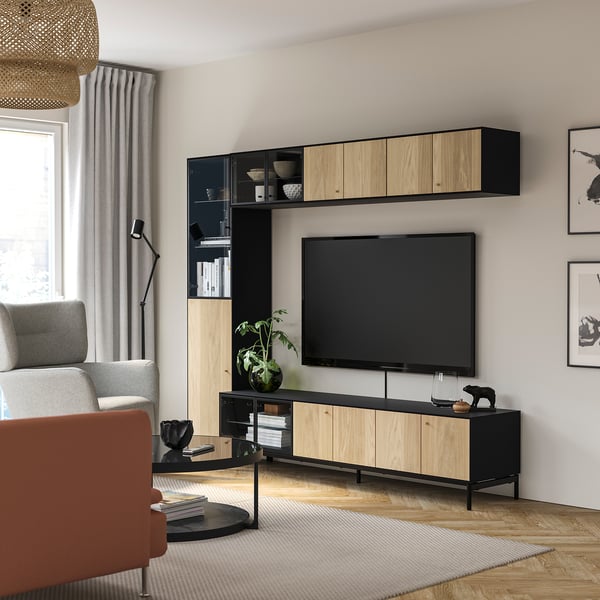 BOASTAD TV storage combination, black/oak veneer, 223x42x185 cm