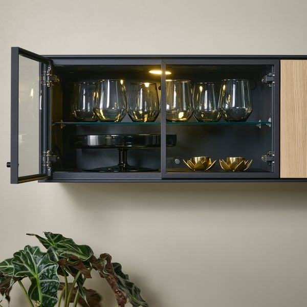 BOASTAD TV storage combination, black/oak veneer, 223x42x185 cm
