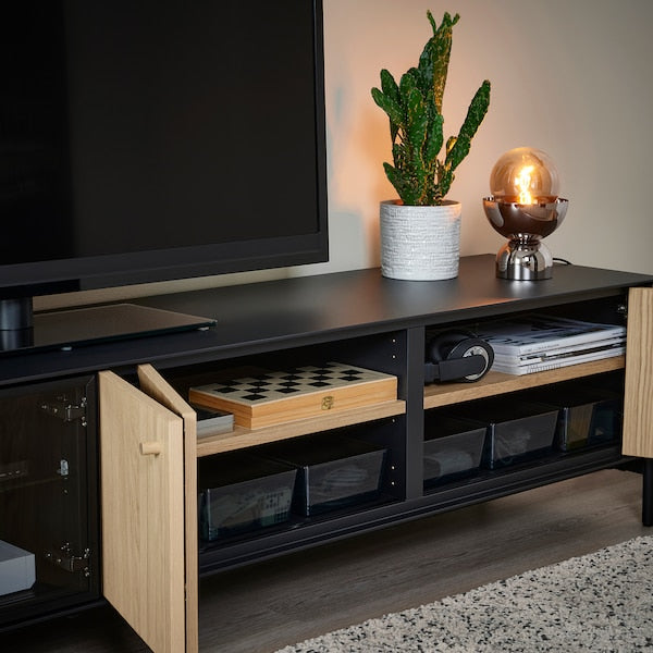 BOASTAD - TV storage combination, black/oak veneer, 223x42x185 cm