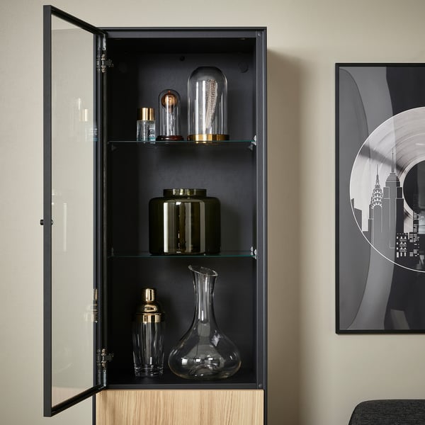 BOASTAD - BOASTAD High cabinet, black/oak veneer, 41x32x185 cm