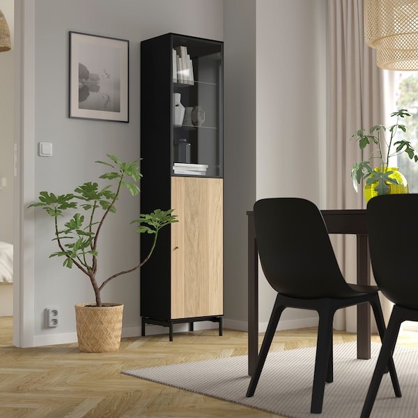 BOASTAD - High cabinet, black/oak veneer, 41x32x185 cm