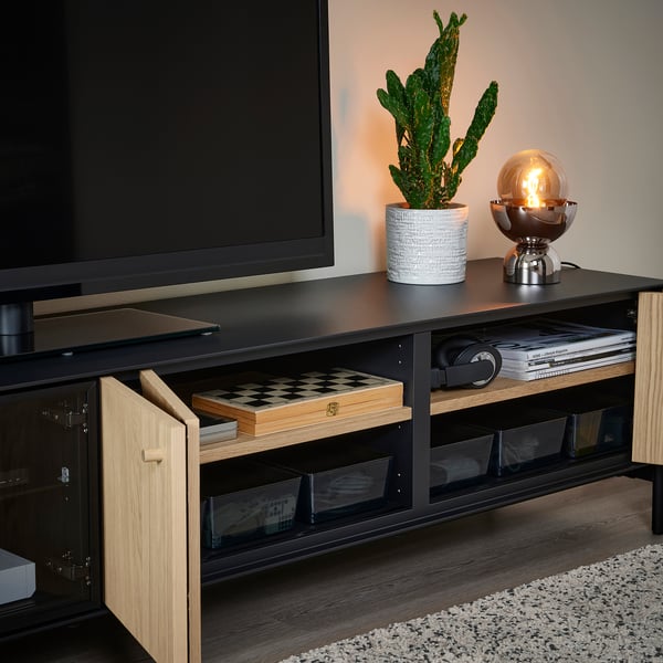 BOASTAD TV bench, black/oak veneer, 181x42x45 cm