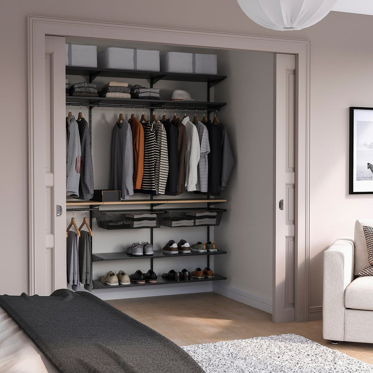 BOAXEL wardrobe combination, anthracite/oak, 182x40x201 cm