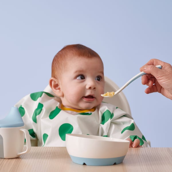 BÖRJA feeding spoon and baby spoon, white/blue