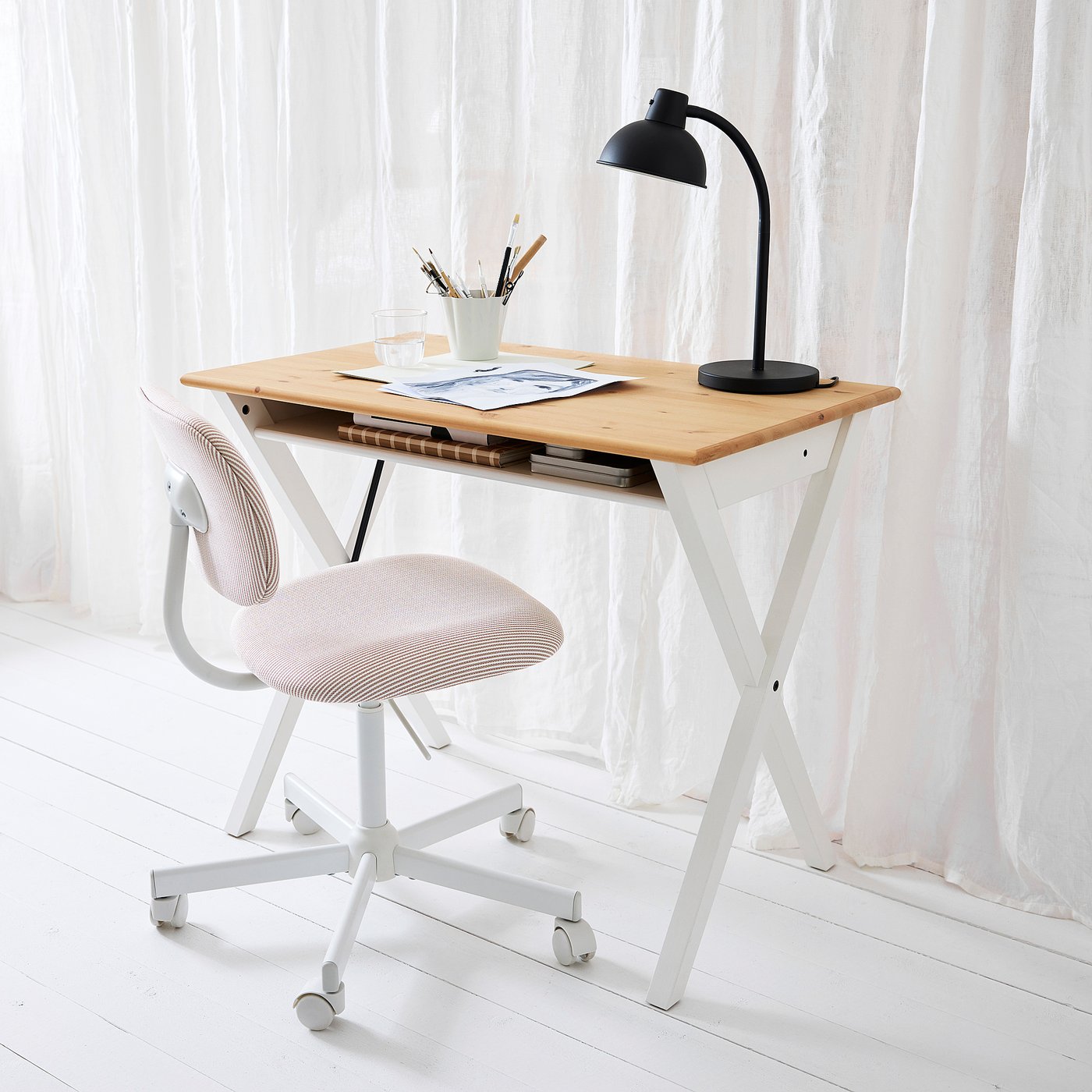 BOLLPOJKE desk, pine/white, 90x65x27 cm