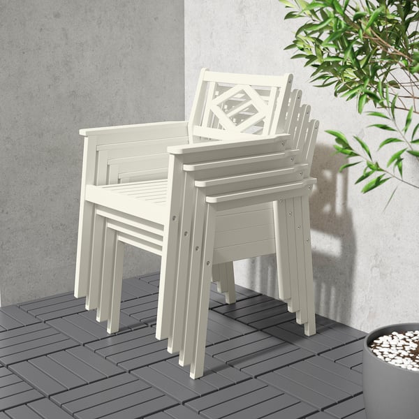 BONDHOLMEN chair with armrests, outdoor, white/beige, 63x83x62 cm