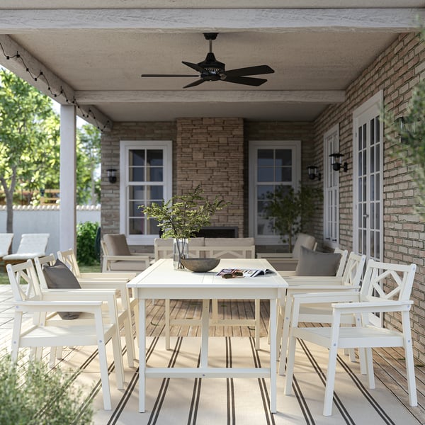 BONDHOLMEN table+6 chairs w armrests, outdoor, white/beige, 235x90 cm