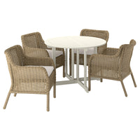 BONDHOLMEN / ULVEVÄR table+4 chairs w armrests, outdoor, white/beige plastic rattan brown/Frösön/Duvholmen beige, 108 cm