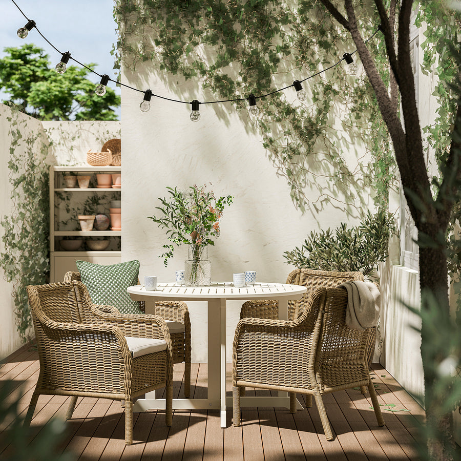 BONDHOLMEN / ULVEVÄR table+4 chairs w armrests, outdoor, white/beige plastic rattan brown/Frösön/Duvholmen beige, 108 cm