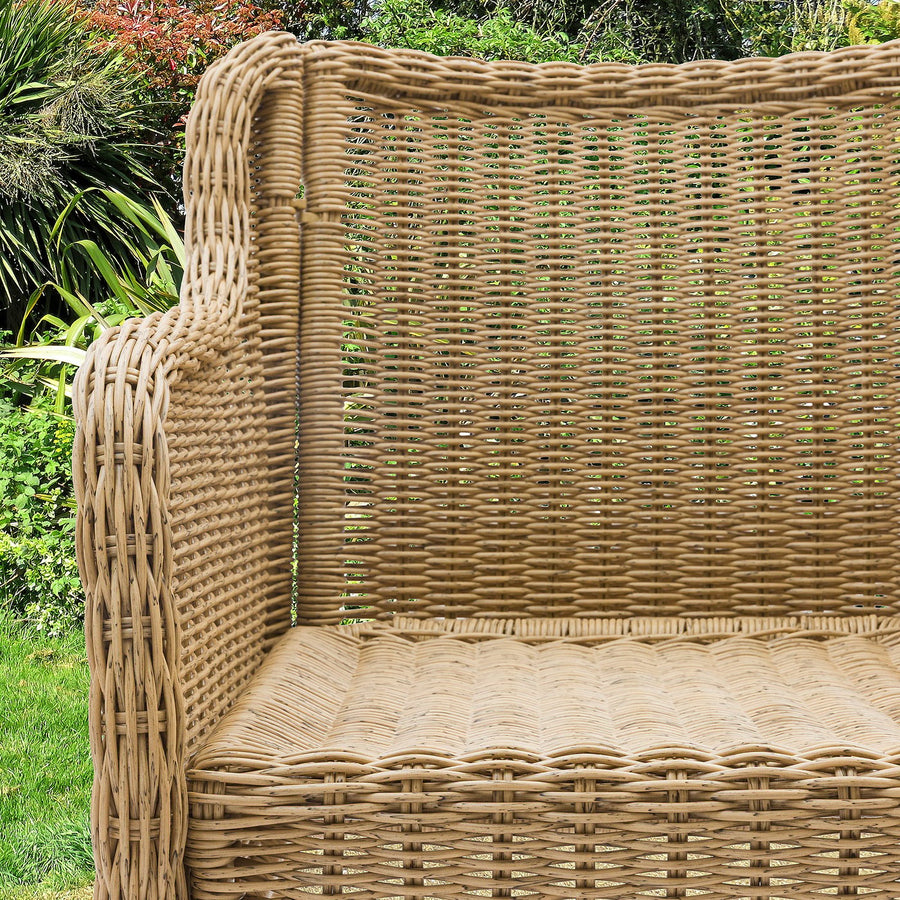 BONDHOLMEN / ULVEVÄR table+4 chairs w armrests, outdoor, white/beige plastic rattan brown, 108 cm
