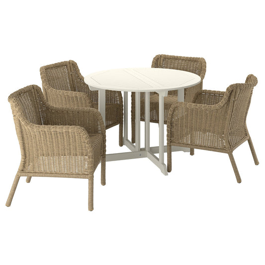 BONDHOLMEN / ULVEVÄR table+4 chairs w armrests, outdoor, white/beige plastic rattan brown, 108 cm