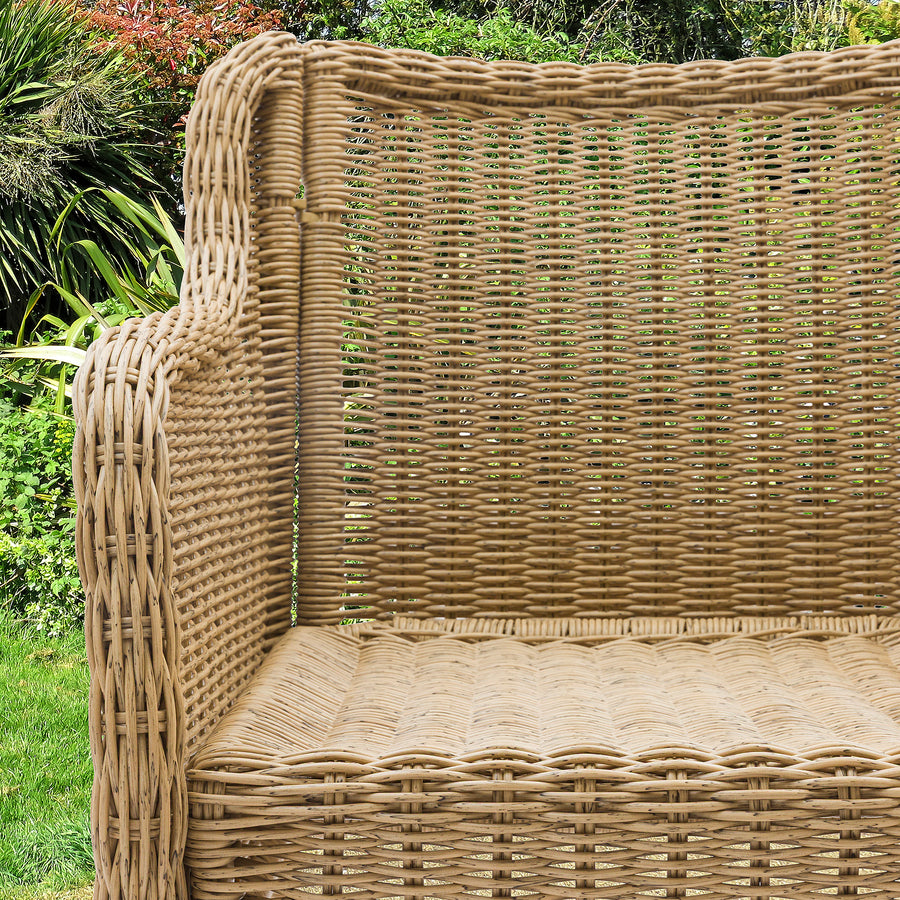 BONDHOLMEN / ULVEVÄR table+6 chairs w armrests, outdoor, white/beige plastic rattan brown/Frösön/Duvholmen beige, 235x90 cm